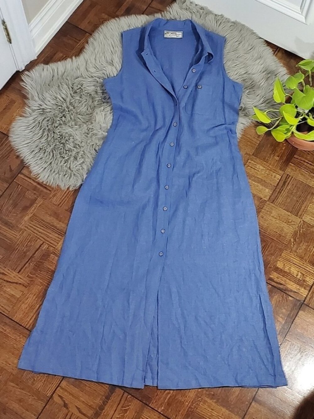 CALIFORNIA GIRL- Ladies Blue Linen Button Down Maxi Dress With Collar- L fit